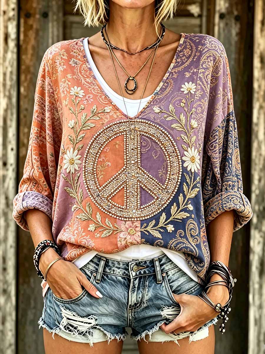 Women's Vintage Hippie Dragonfly Print T-Shirt