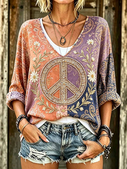 Women's Vintage Hippie Dragonfly Print T-Shirt
