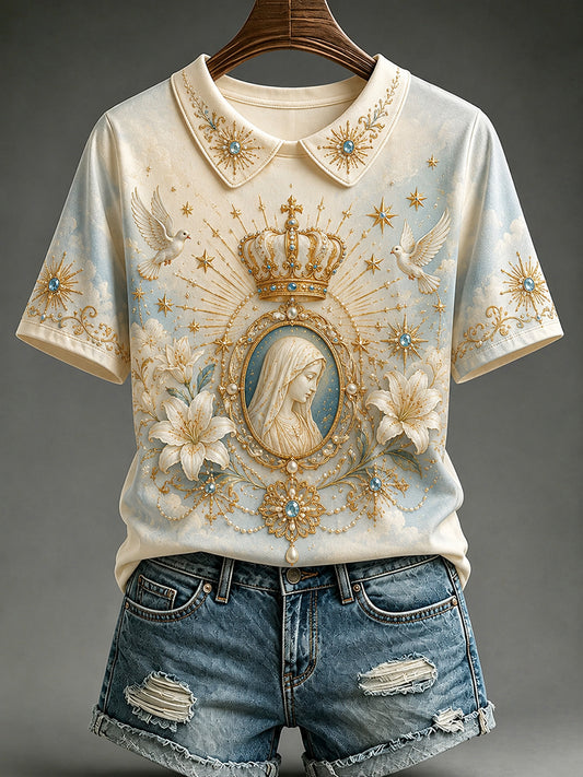 Women's Assumption of Mary Print Fake Two-Piece Collared T-shirt