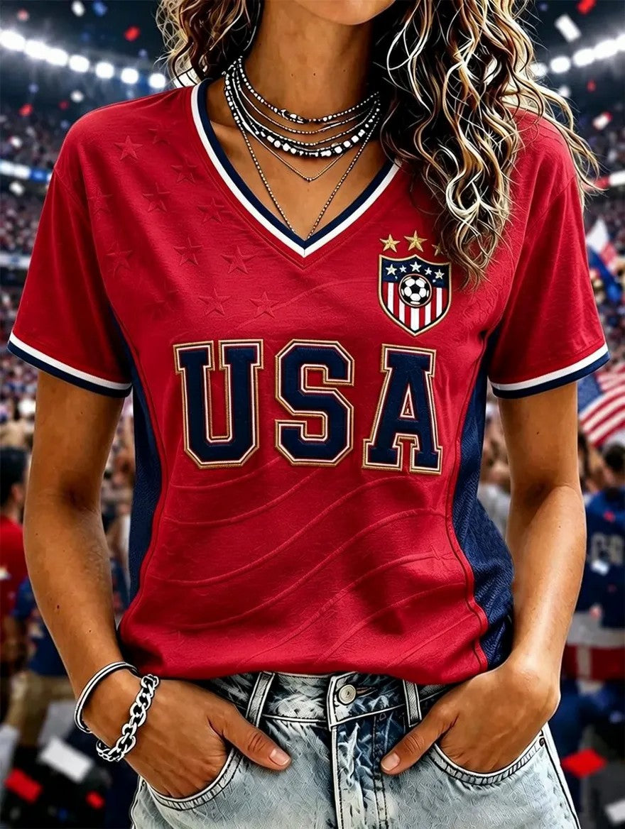Women's USA Football Printed V-neck T-shirt