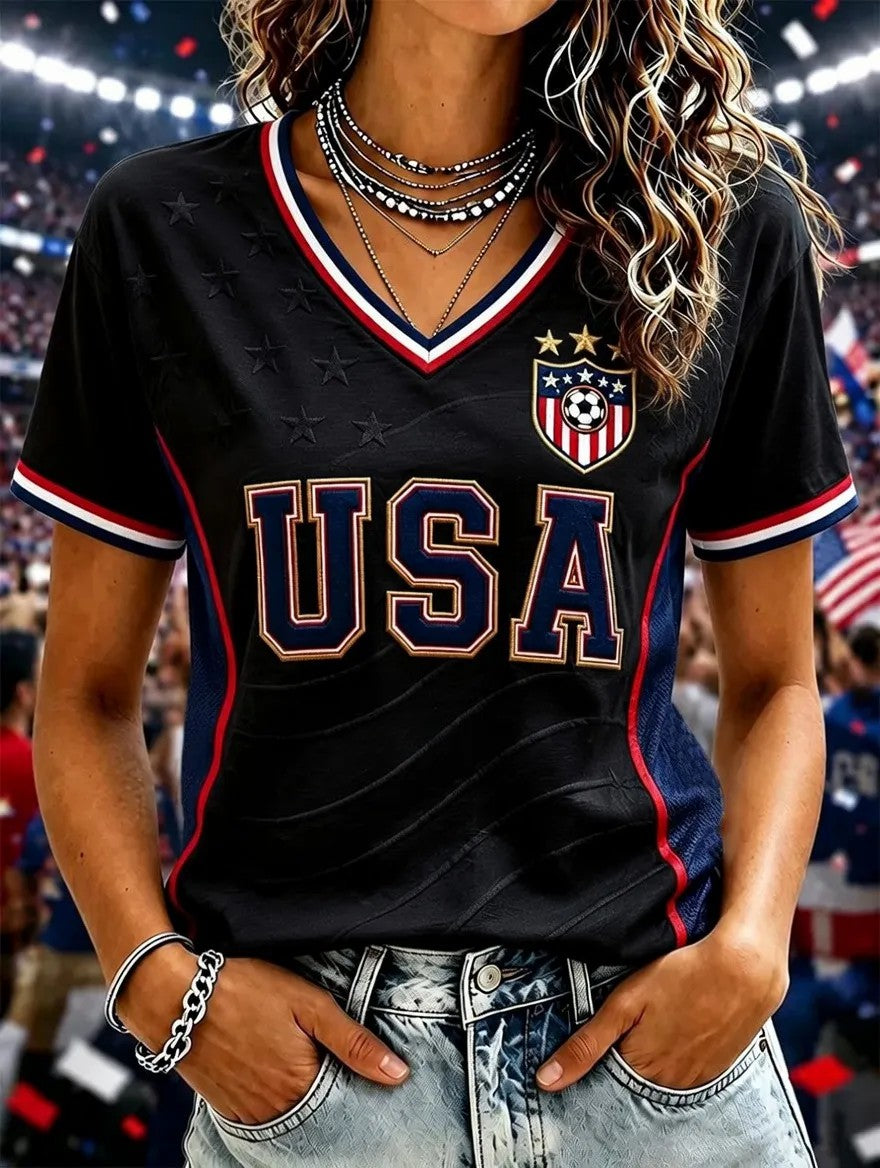 Women's USA Football Printed V-neck T-shirt