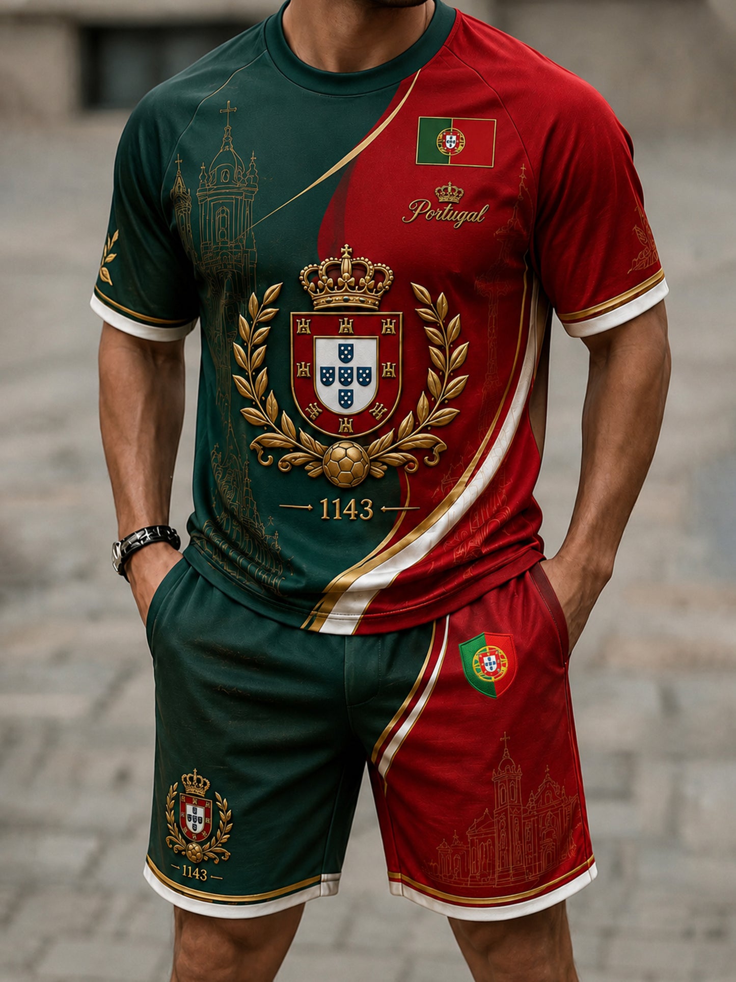 Men's Portugal Football Match Support Art Print T-Shirt Set