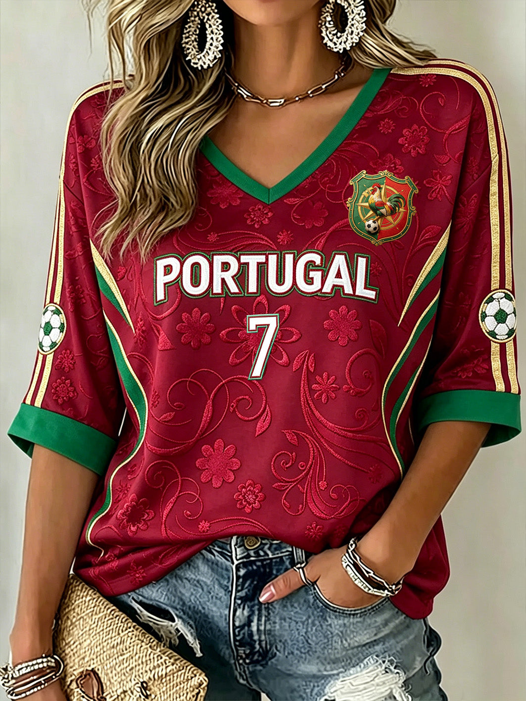 Women's Soccer Element Color-blocking Design Casual  Mid-length Sleeves V-Neck T-Shirt