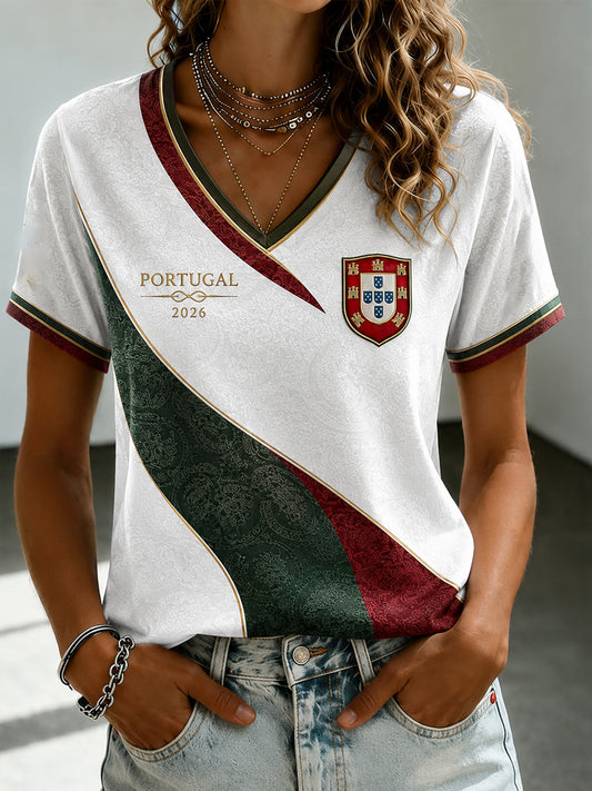 Women's Portuguese Football Printed V-neck T-shirt
