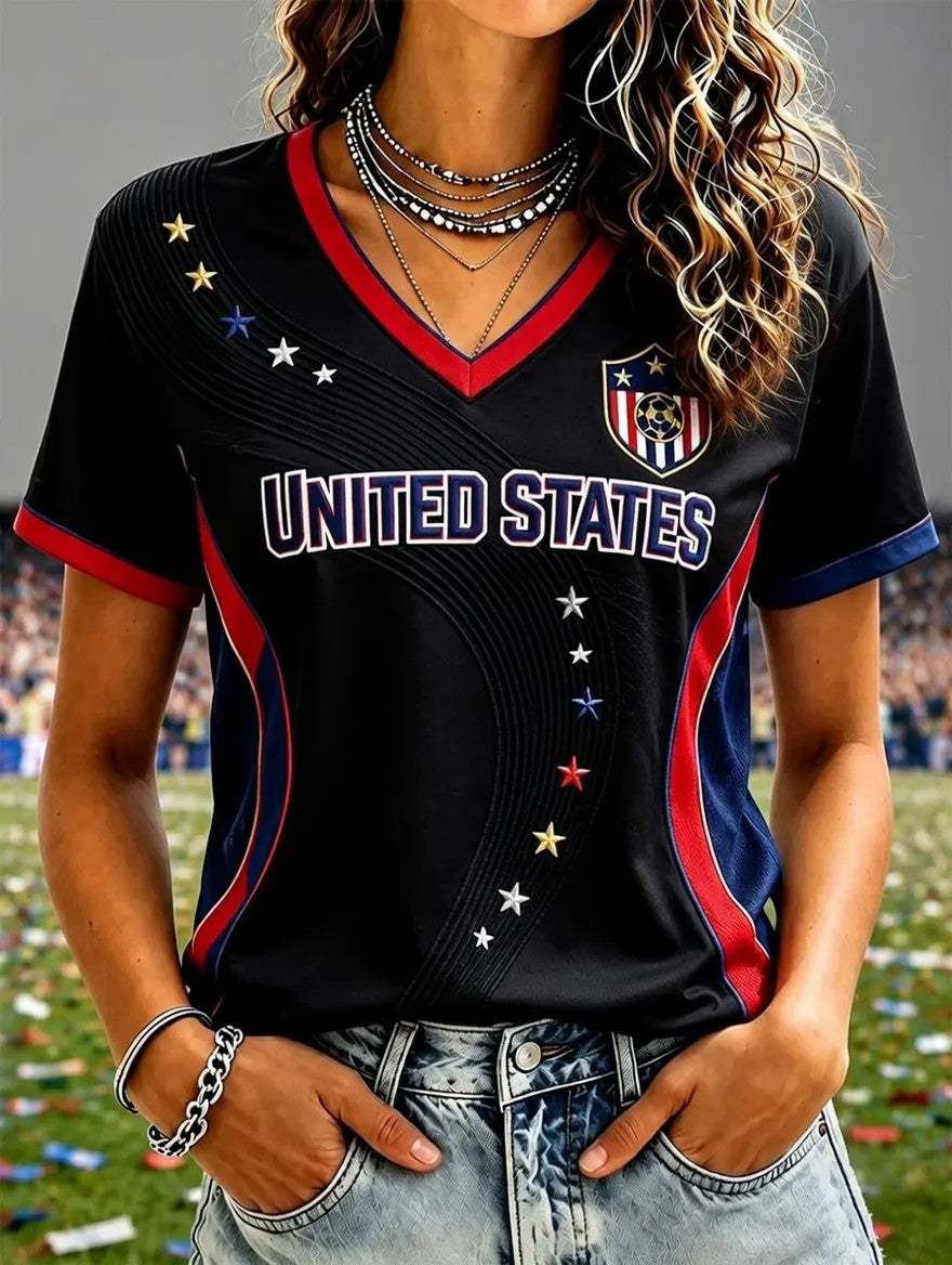 Women's USA Football Printed V-neck T-shirt