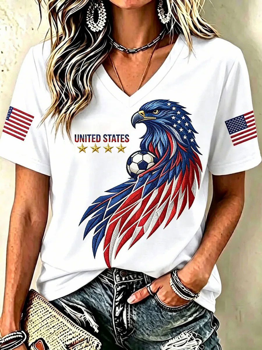 Women's USA Football Printed V-neck T-shirt