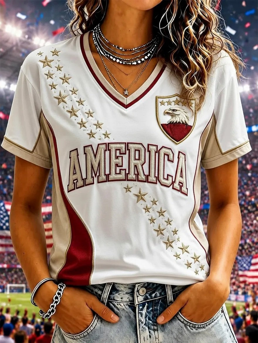 Women's USA Football Printed V-neck T-shirt