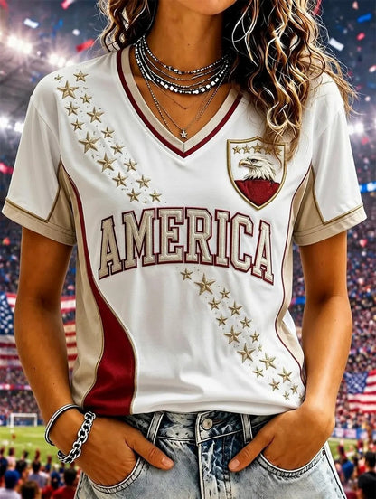 Women's USA Football Printed V-neck T-shirt