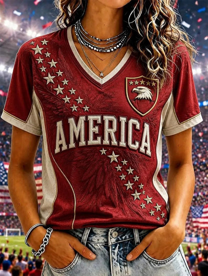 Women's USA Football Printed V-neck T-shirt