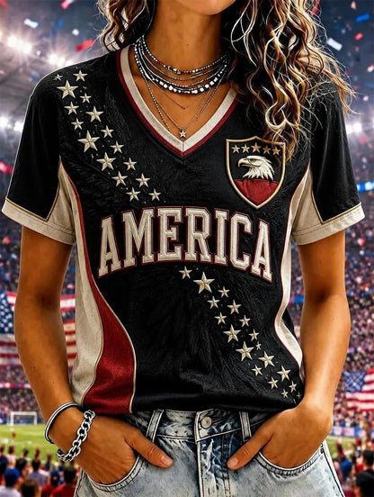 Women's USA Football Printed V-neck T-shirt