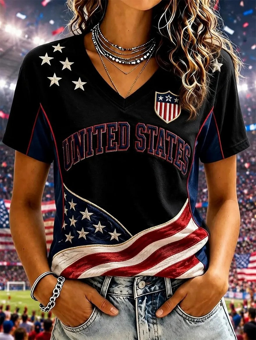 Women's USA Football Printed V-neck T-shirt