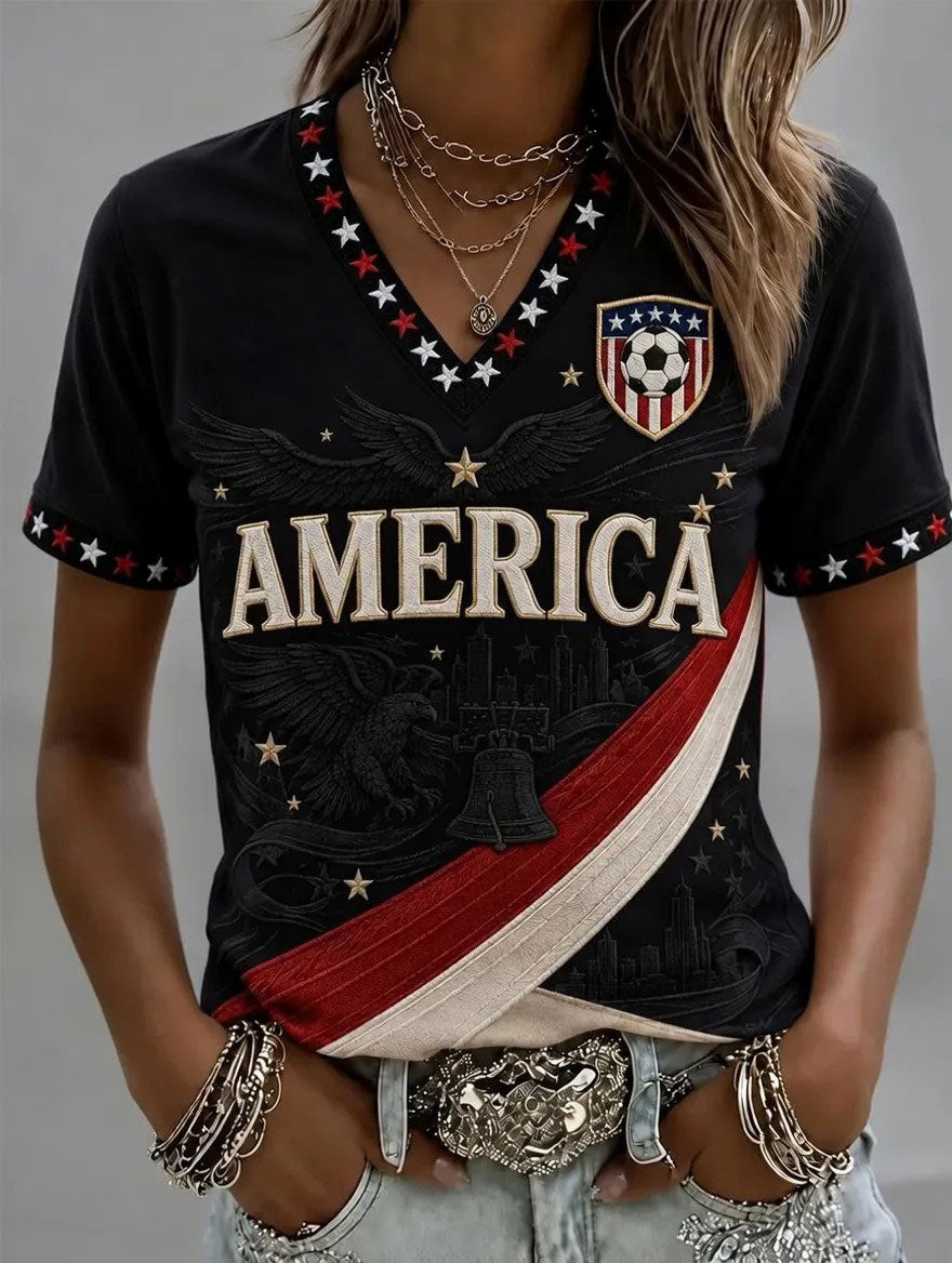 Women's USA Football Printed V-neck T-shirt