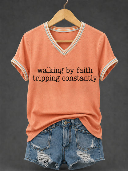 Women's Walking By Faith Tripping Constantly Print Christian Inspirational V-Neck Tee