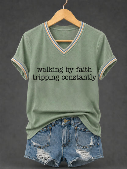 Women's Walking By Faith Tripping Constantly Print Christian Inspirational V-Neck Tee