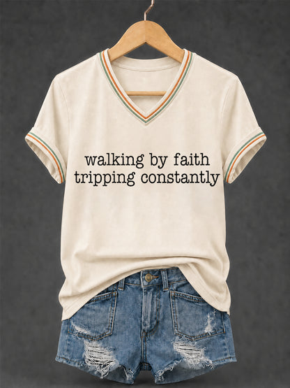 Women's Walking By Faith Tripping Constantly Print Christian Inspirational V-Neck Tee
