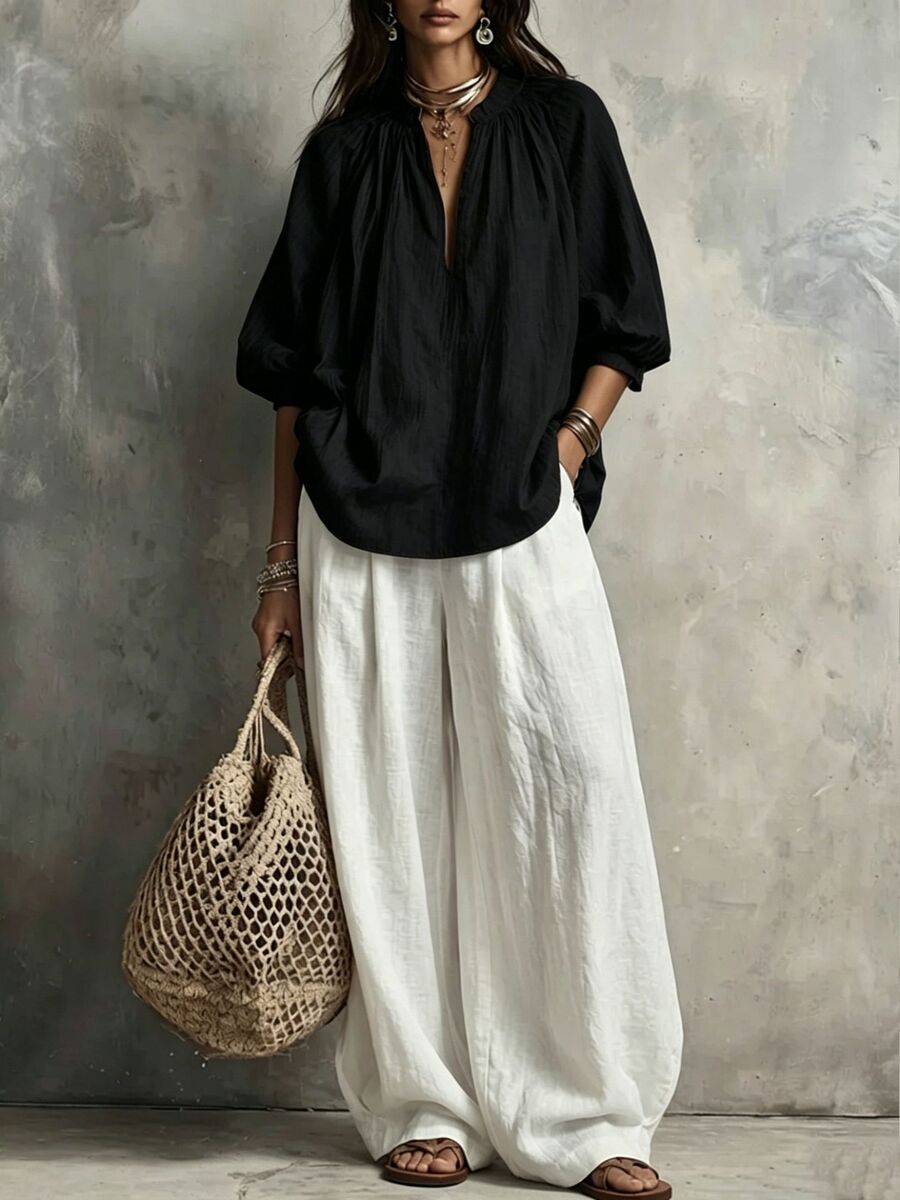 Women’S Cotton-Linen Bubble Sleeve Blouse Paired With Wide-Leg Pants Outfit