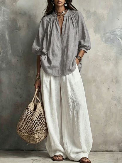 Women’S Cotton-Linen Bubble Sleeve Blouse Paired With Wide-Leg Pants Outfit