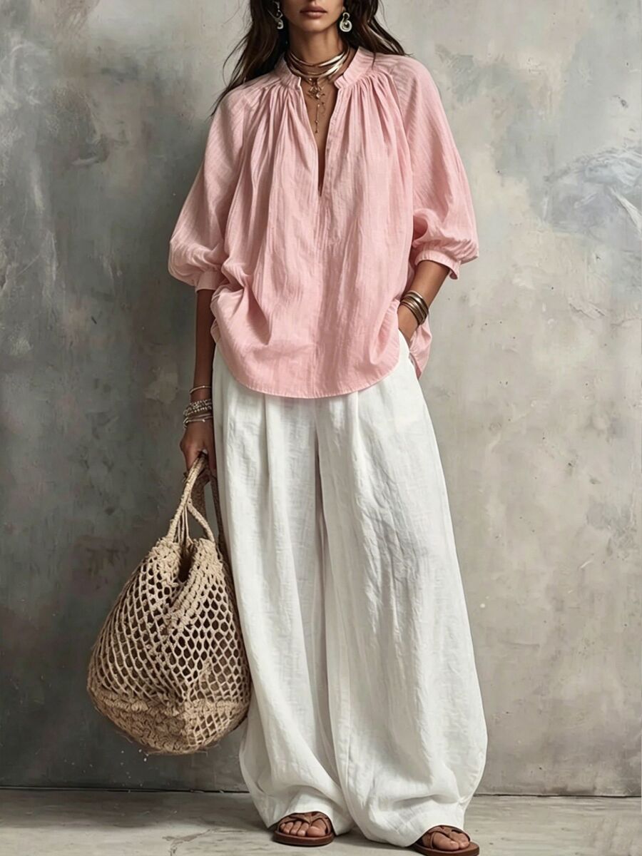 Women’S Cotton-Linen Bubble Sleeve Blouse Paired With Wide-Leg Pants Outfit