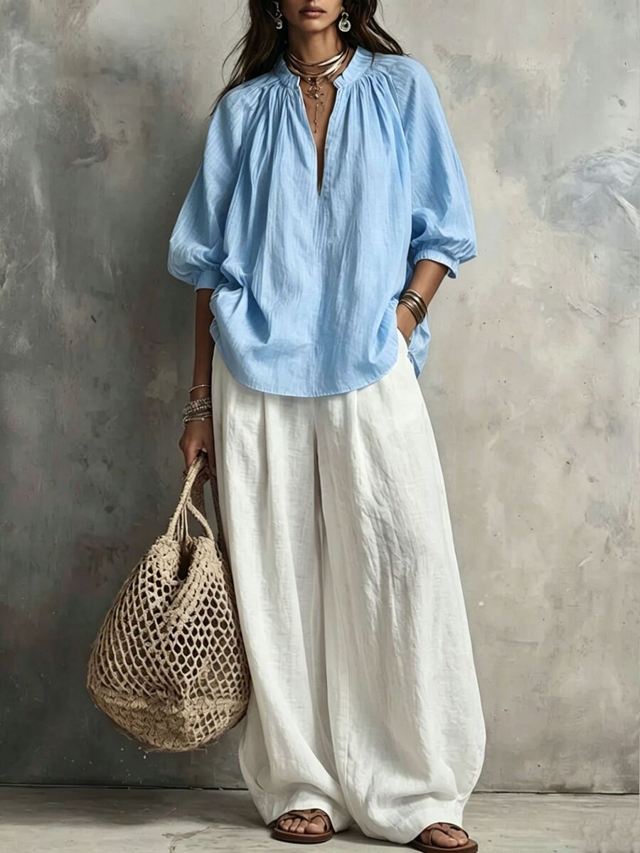 Women’S Cotton-Linen Bubble Sleeve Blouse Paired With Wide-Leg Pants Outfit