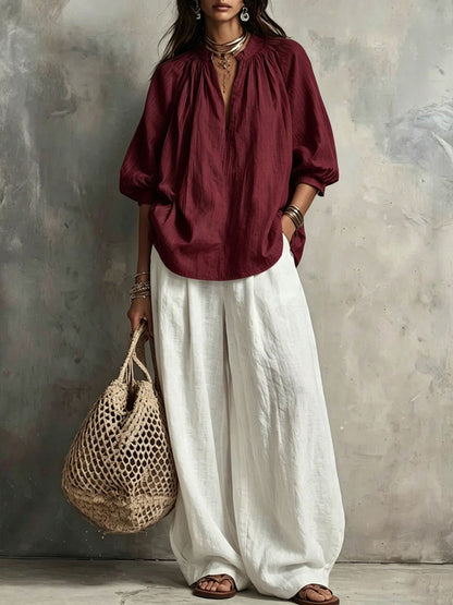 Women’S Cotton-Linen Bubble Sleeve Blouse Paired With Wide-Leg Pants Outfit