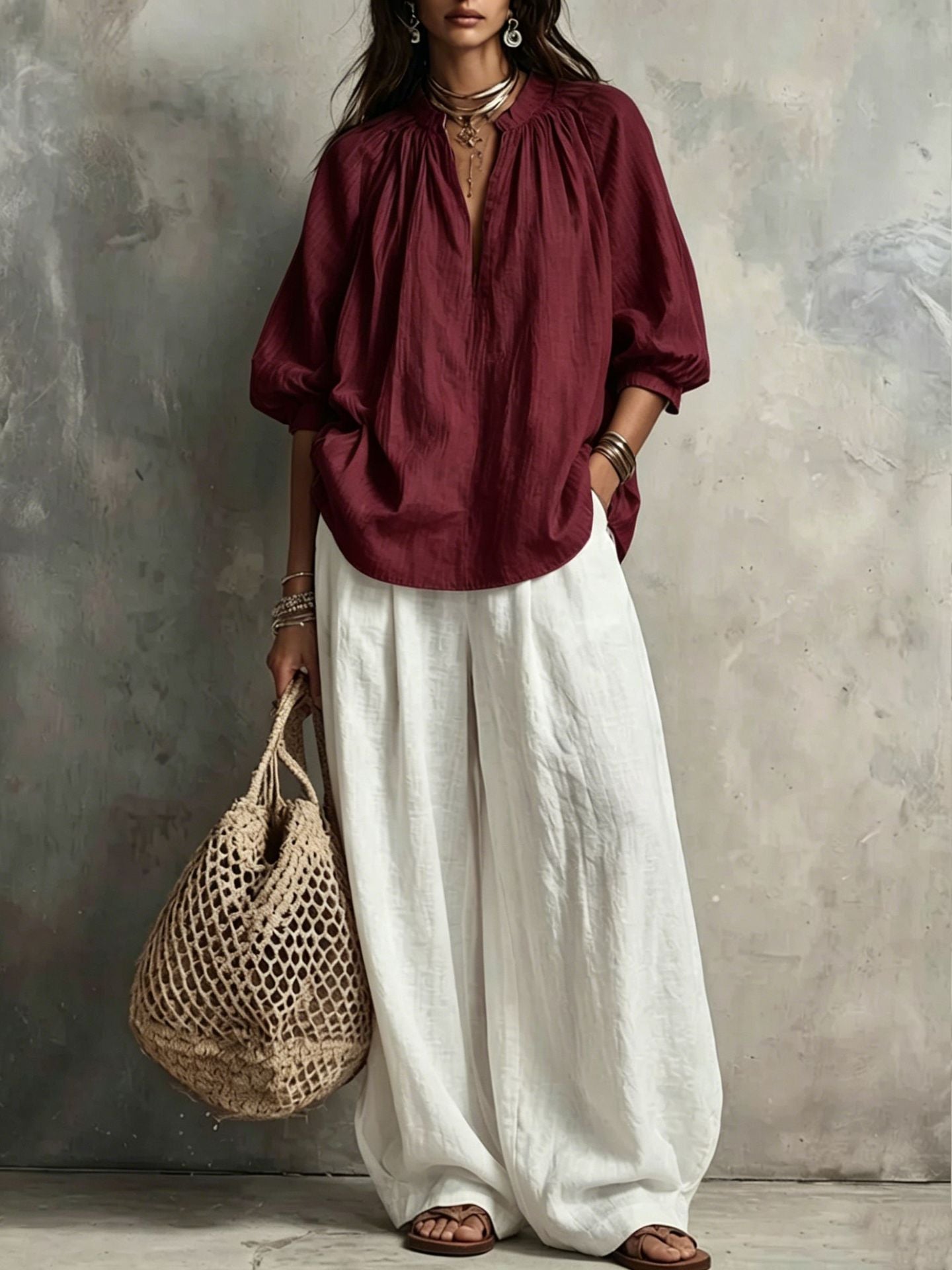 Women’S Cotton-Linen Bubble Sleeve Blouse Paired With Wide-Leg Pants Outfit