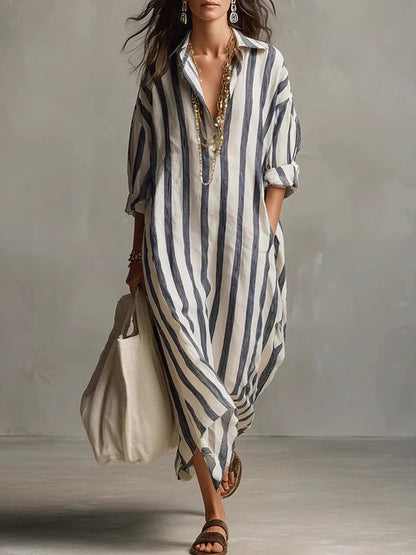 Women’s Vacation Bohemian Striped Long-Sleeve Shirt Dress