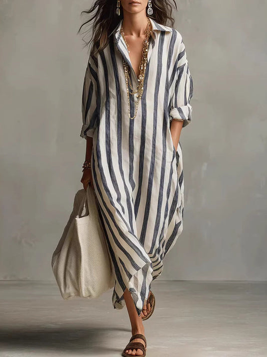 Women’s Vacation Bohemian Striped Long-Sleeve Shirt Dress