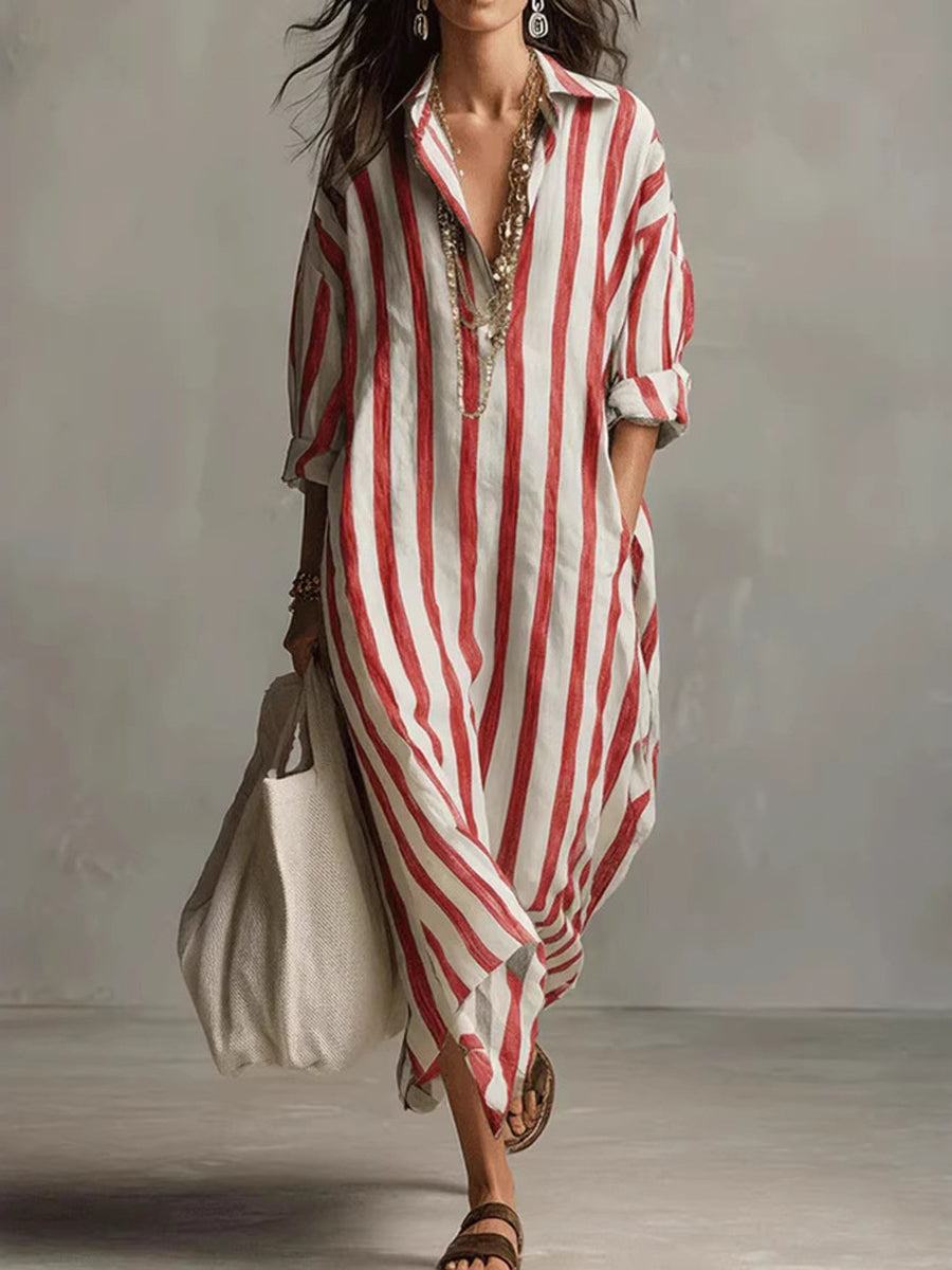 Women’s Vacation Bohemian Striped Long-Sleeve Shirt Dress