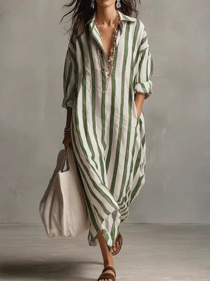 Women’s Vacation Bohemian Striped Long-Sleeve Shirt Dress