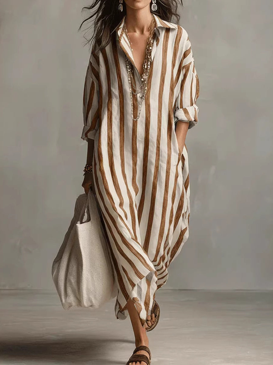 Women’s Vacation Bohemian Striped Long-Sleeve Shirt Dress