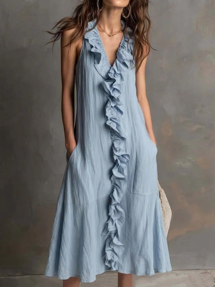 Women’S Sleeveless Cotton-Linen V-Neck Large-Skirt Hibiscus-Edge Dress
