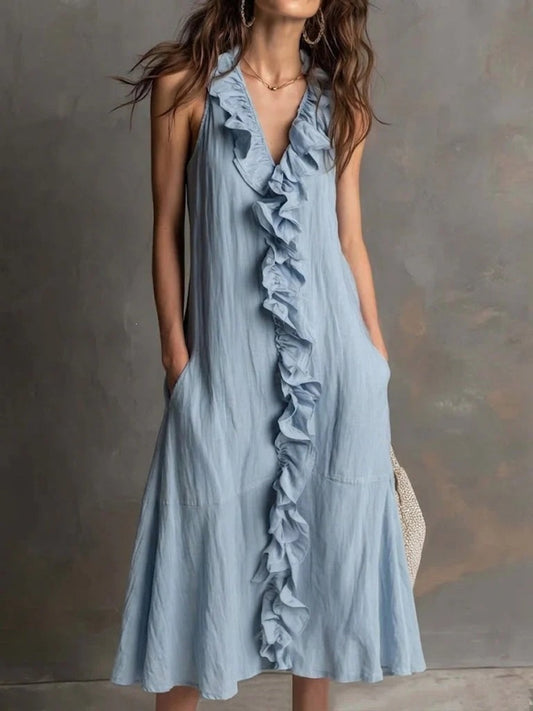 Women’S Sleeveless Cotton-Linen V-Neck Large-Skirt Hibiscus-Edge Dress