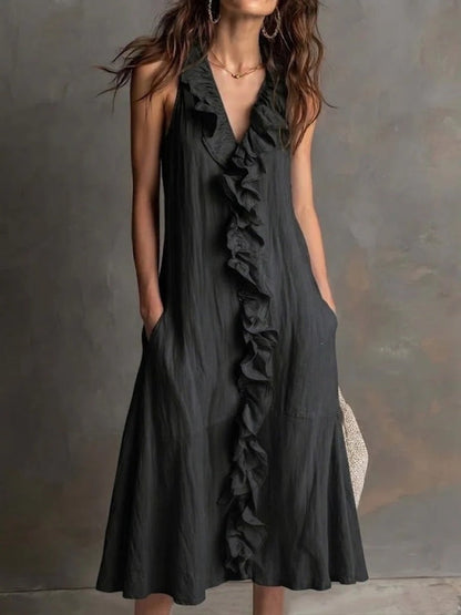 Women’S Sleeveless Cotton-Linen V-Neck Large-Skirt Hibiscus-Edge Dress