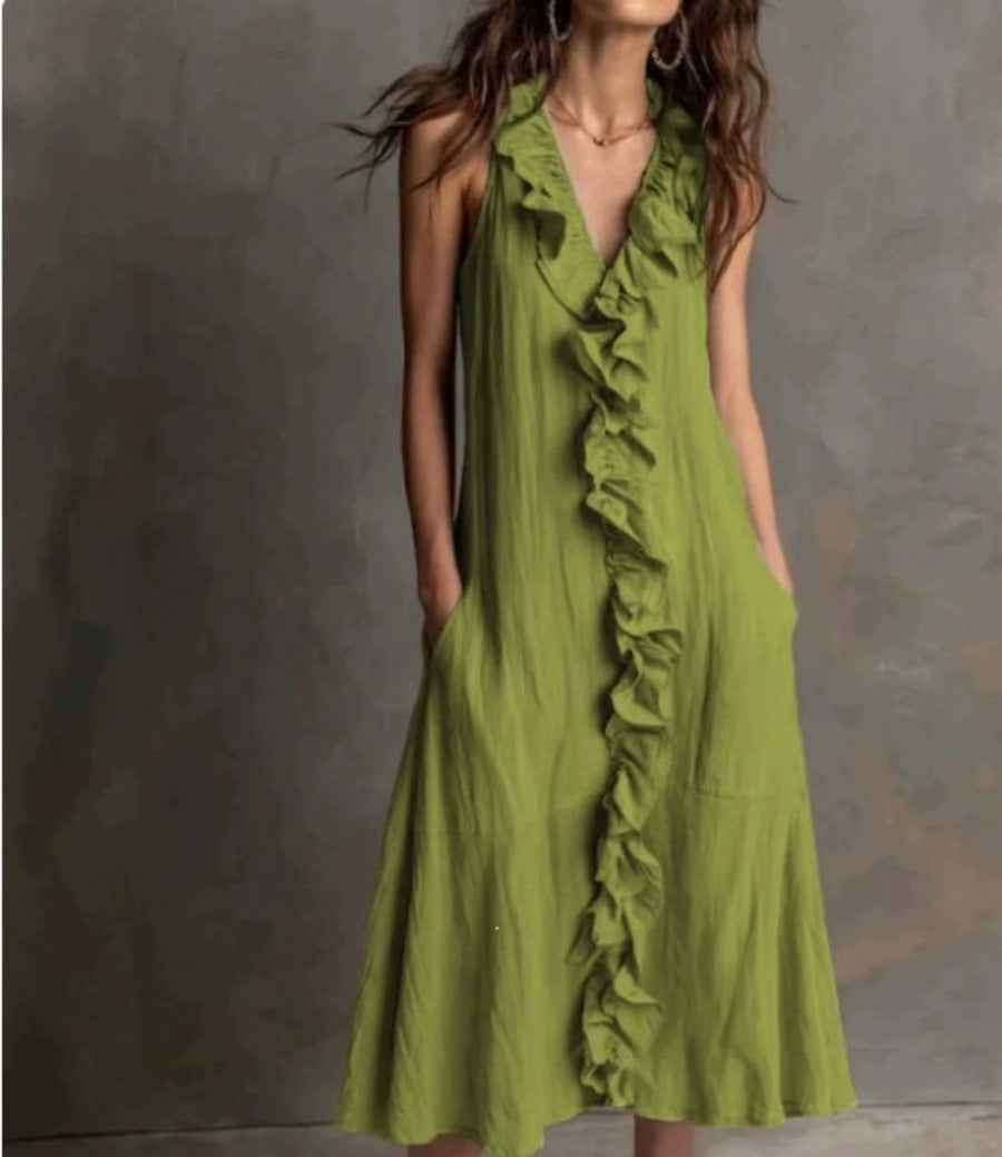 Women’S Sleeveless Cotton-Linen V-Neck Large-Skirt Hibiscus-Edge Dress