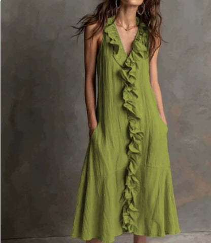 Women’S Sleeveless Cotton-Linen V-Neck Large-Skirt Hibiscus-Edge Dress