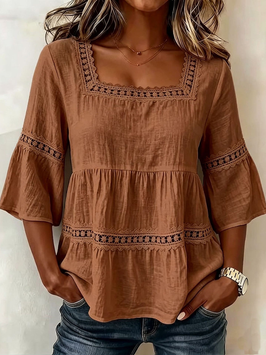 Women’S Square-Neck Cotton-Linen Lace Appliqué Patchwork Short-Sleeved Top