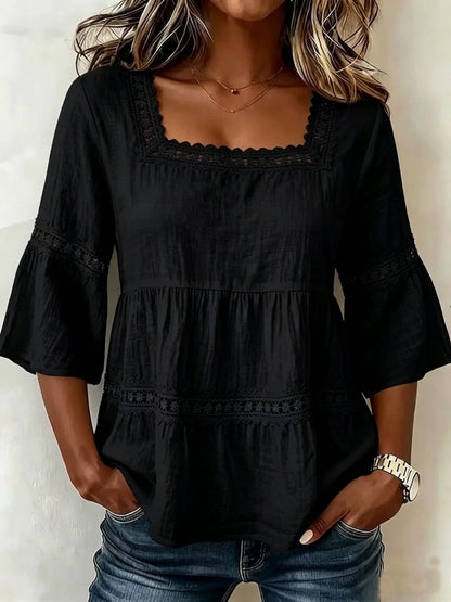 Women’S Square-Neck Cotton-Linen Lace Appliqué Patchwork Short-Sleeved Top