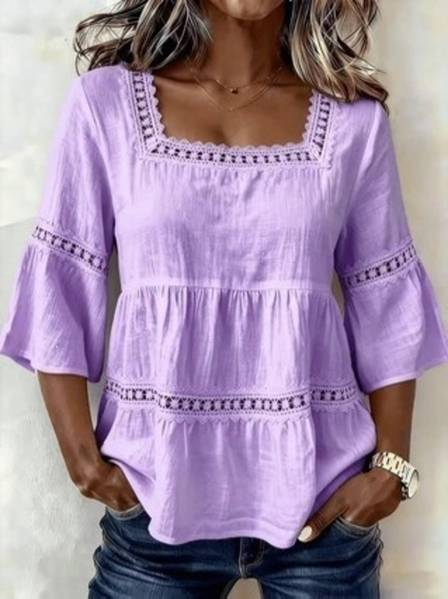 Women’S Square-Neck Cotton-Linen Lace Appliqué Patchwork Short-Sleeved Top