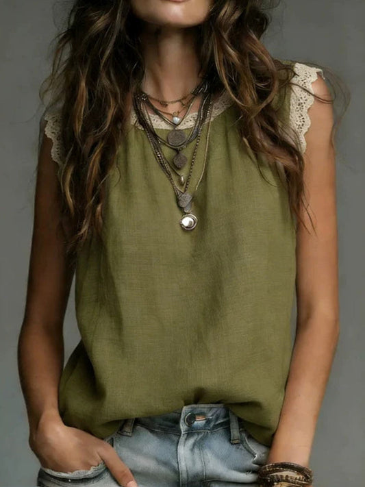 Women’S Lace-Trimmed Round Neck, Sleeveless Cotton-Linen Top