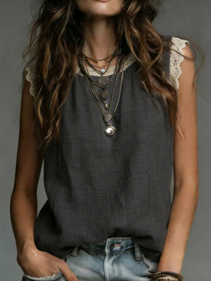 Women’S Lace-Trimmed Round Neck, Sleeveless Cotton-Linen Top