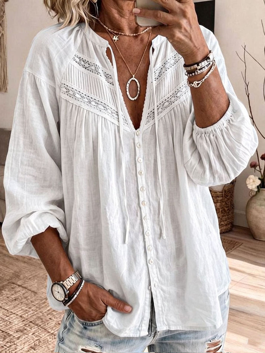 Women’s Bohemian Lace-Embellished Cotton-Blend Bell-Sleeve Duster Shirt