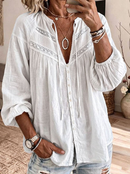 Women’s Bohemian Lace-Embellished Cotton-Blend Bell-Sleeve Duster Shirt