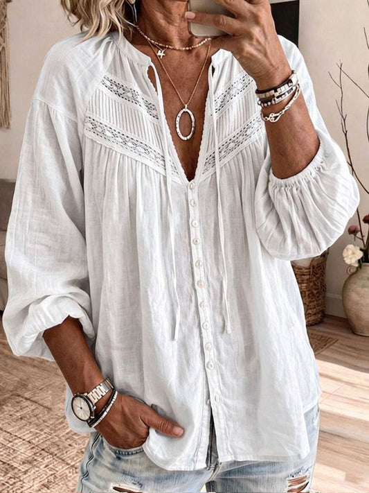 Women’s Bohemian Lace-Embellished Cotton-Blend Bell-Sleeve Duster Shirt