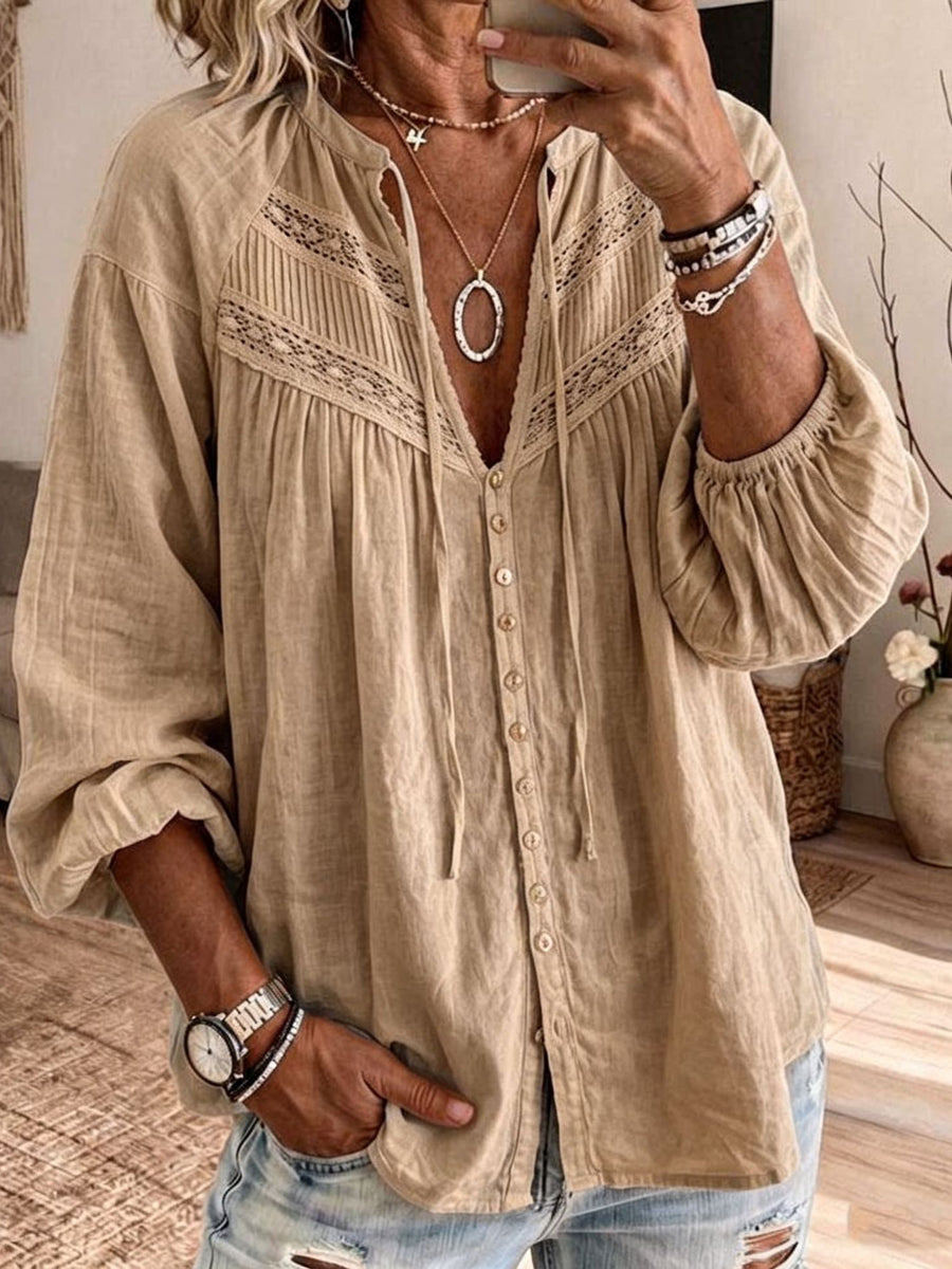 Women’s Bohemian Lace-Embellished Cotton-Blend Bell-Sleeve Duster Shirt