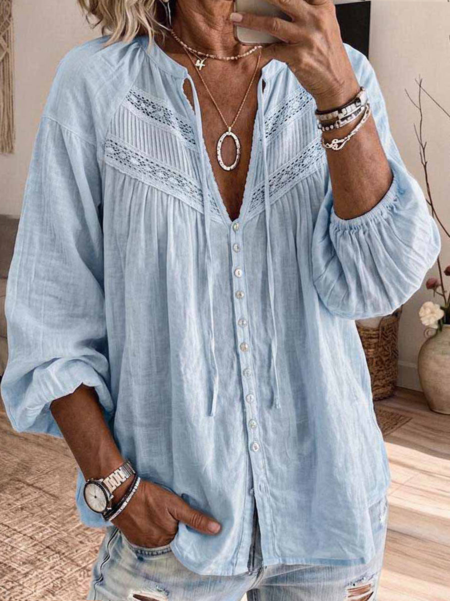Women’s Bohemian Lace-Embellished Cotton-Blend Bell-Sleeve Duster Shirt