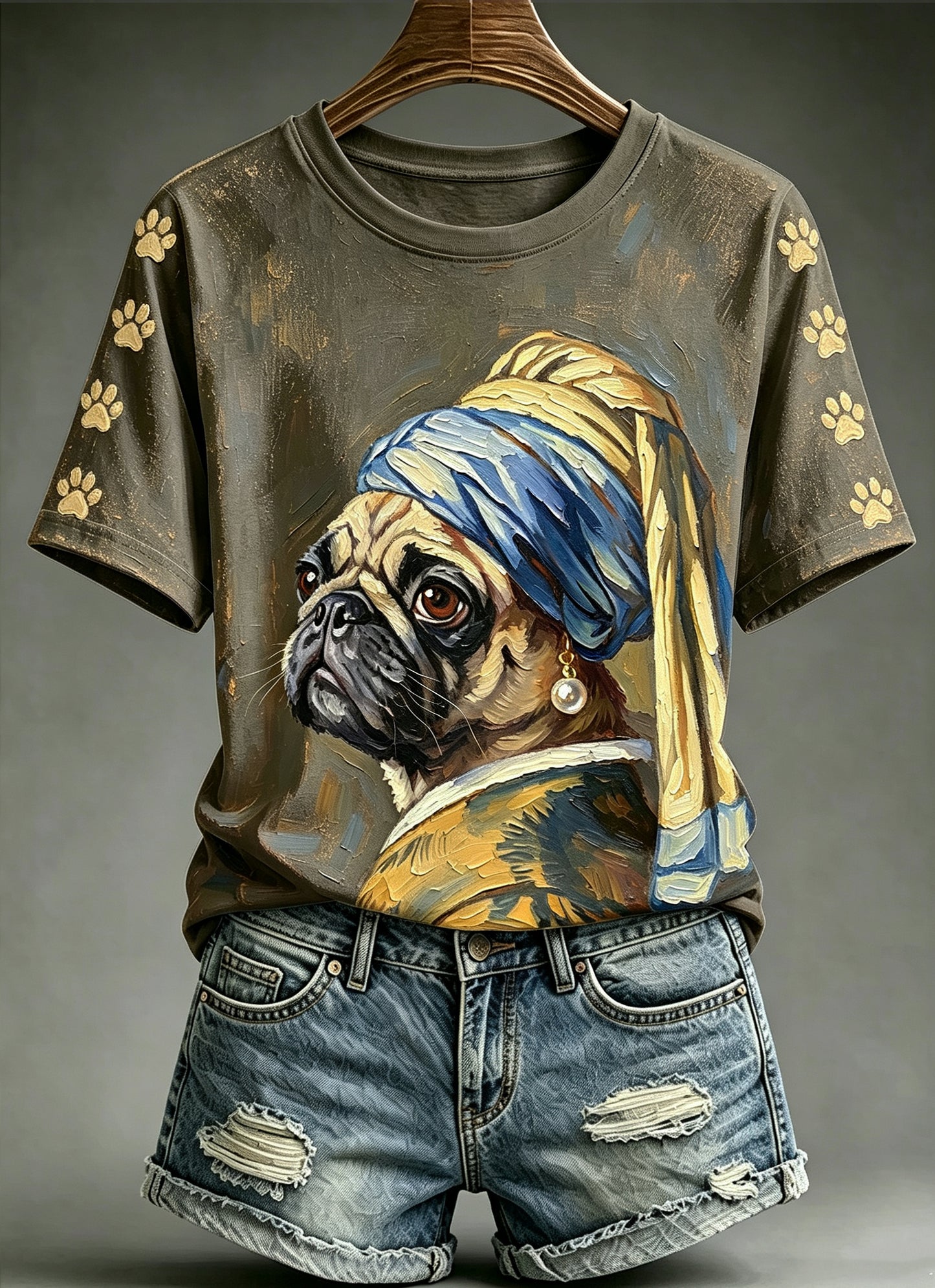 Women's Funny Oil Painting Animals Dog Printed Vintage Fashion Loose Short Sleeve T-Shirt