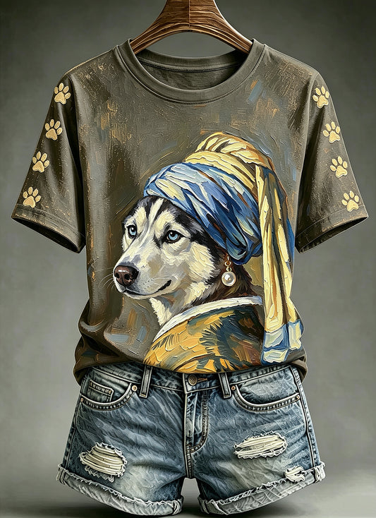 Women's Funny Oil Painting Animals Dog Printed Vintage Fashion Loose Short Sleeve T-Shirt
