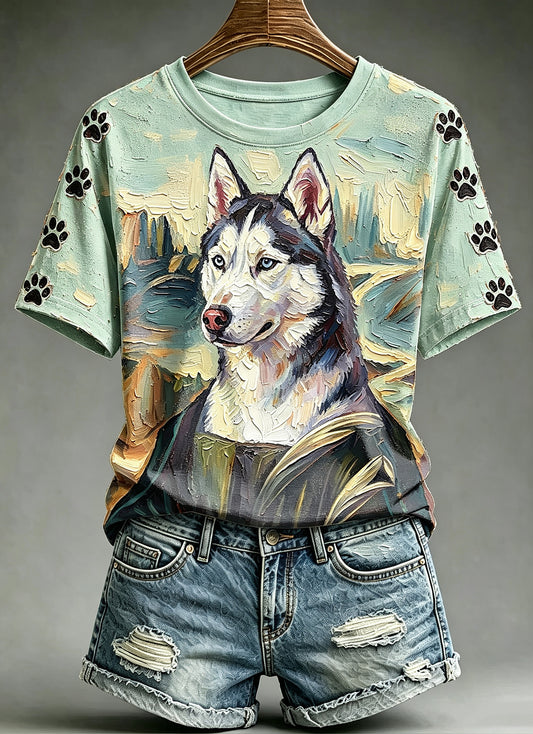 Women's Oil Painting Animals Dog Printed Vintage Fashion Loose Short Sleeve T-Shirt