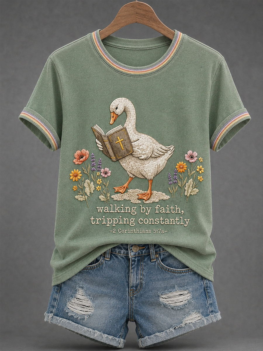 Women's Walking By Faith Tripping Constantly Goose Print Casual Christian Inspirational Tee