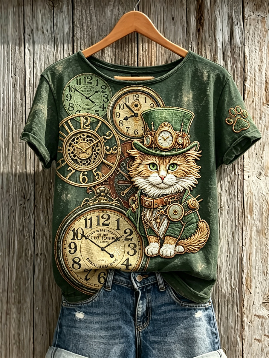Women's Vintage Steampunk Cat Art Print short-sleeved T-shirt